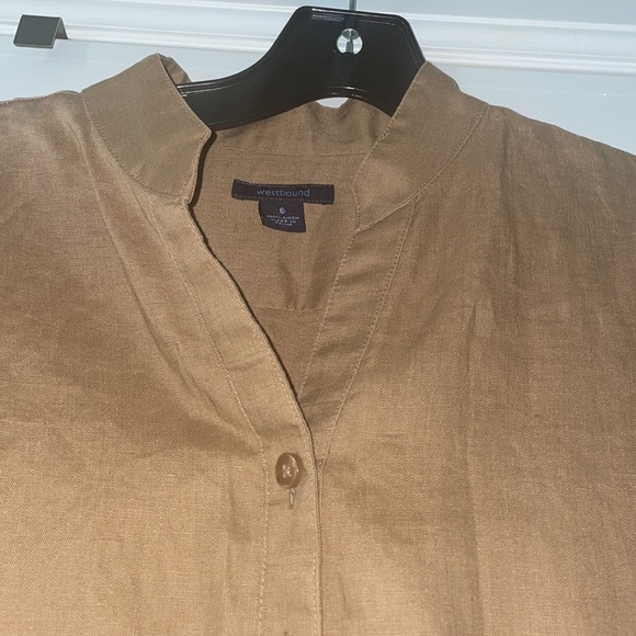 Westbound 100% Linen Fitted Button Down Shirt Light Brown Stand Collar size 6 - Picture 5 of 12